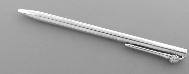 TIFFANY & Co. STERLING SILVER GOLF BALL ON TEE PEN: TIFFANY & CO. STERLING SILVER GOLF PEN Pen measures 5.22" L x 0.29" W Sterling silver pen with golf pen on Tee design Pre-owned, in good working condition shows minor wear, plz refer to pics Stamped T