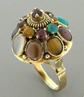 ANTIQUE VINTAGE 14K YELLOW GOLD MULTI STONE RING GARNET JADE EMERALD TOPAZ: VINTAGE LADIES 14K YELLOW GOLD MULTI STONE RING SIZE 6.5 Ring size is a 6.5 (can easily be resized by your local jeweler) Ring measures 0.78" in diameter on the top 14K yellow gold Jade, Emerald, Garn