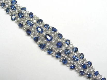 18KT WH DIAMOND BRILLIANT CEYLON SAPPHIRE BRACELET: 18KT WH DIAMOND BRILLIANT CEYLON SAPPHIRE BRACELET 18KT WH DIAMOND BRILLIANT CEYLON SAPPHIRE BRACELET The Following Item we are offering is this Rare IMPORTANT SPECTACULAR FULL CUT WHITE DIAMOND AND C