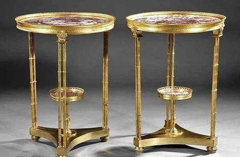 IMPORTANT PAIR OF ORMOLU & RED MARBLE GUERIDON TABLES AFTER ADAM WEISWEILER: IMPORTANT PAIR OF ORMOLU & RED MARBLE GUERIDON TABLES AFTER ADAM WEISWEILER IMPORTANT PAIR OF ORMOLU & RED MARBLE GUERIDON TABLES AFTER ADAM WEISWEILER LAST CALL
