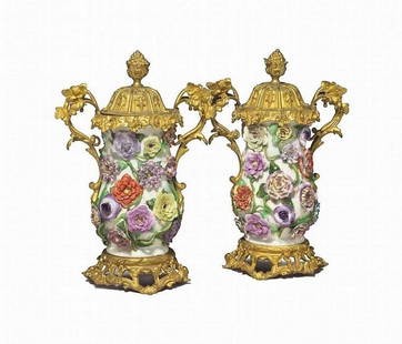 19TH C MONUMENTAL ORMOLU MOUNTED GERMAN PORCELAIN FLOWER ENCRUSTED VASES: 19TH C MONUMENTAL ORMOLU MOUNTED GERMAN PORCELAIN FLOWER ENCRUSTED VASES 19TH C MONUMENTAL ORMOLU MOUNTED GERMAN PORCELAIN FLOWER ENCRUSTED VASES The Following Item we are offering are a Pair of Rare