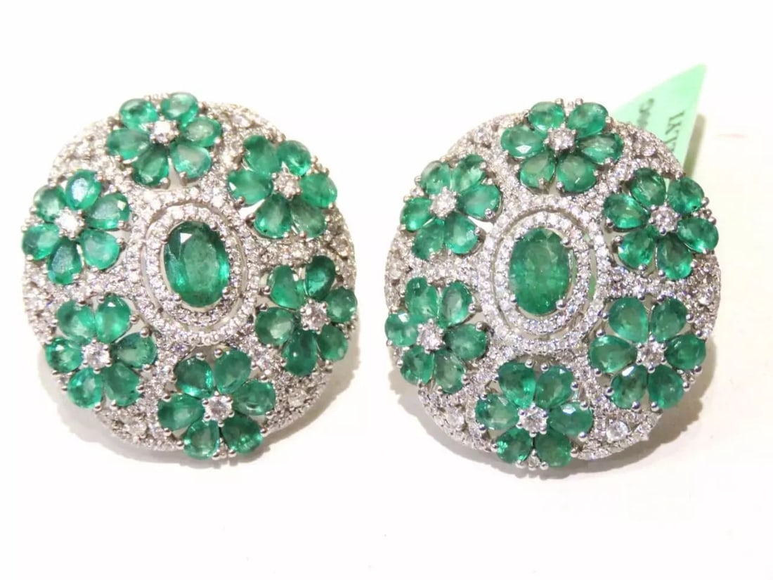 18KT LARGE 11.6CT EMERALD & DIAMOND GOLD FLORAL EARRINGS (1 of 1)