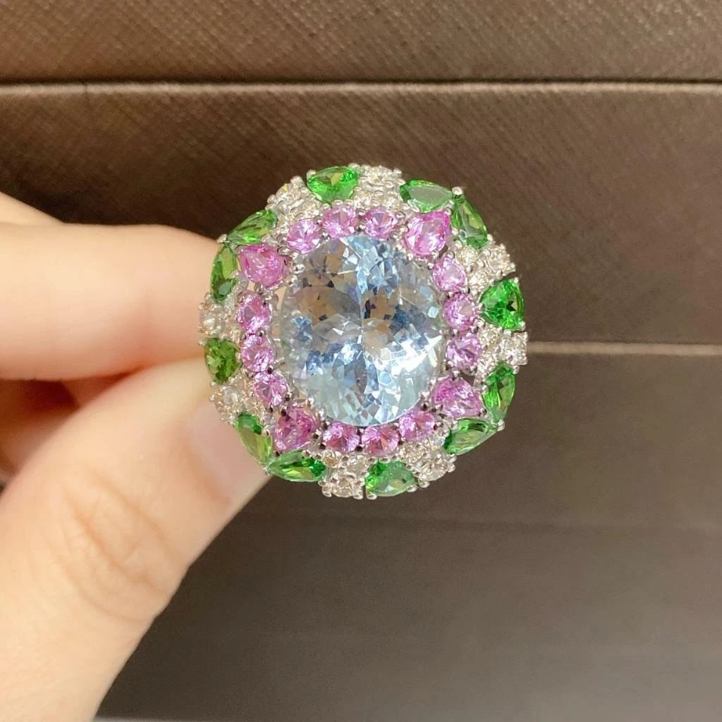 18KT LRG 12.50CT AQUAMARINE SAPPHIRE DIAMOND RING (1 of 2)