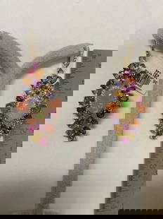 18KT GORGEOUS RAINBOW SAPPHIRE OPAL DIAMOND EARRINGS: 18KT GORGEOUS RAINBOW SAPPHIRE OPAL DIAMOND EARRINGS The Following Item we are offering is a Rare Important Radiant 18KT White Gold Large Fancy Fiery White Opal Diamond Multi Sapphire Dangle Earrings.
