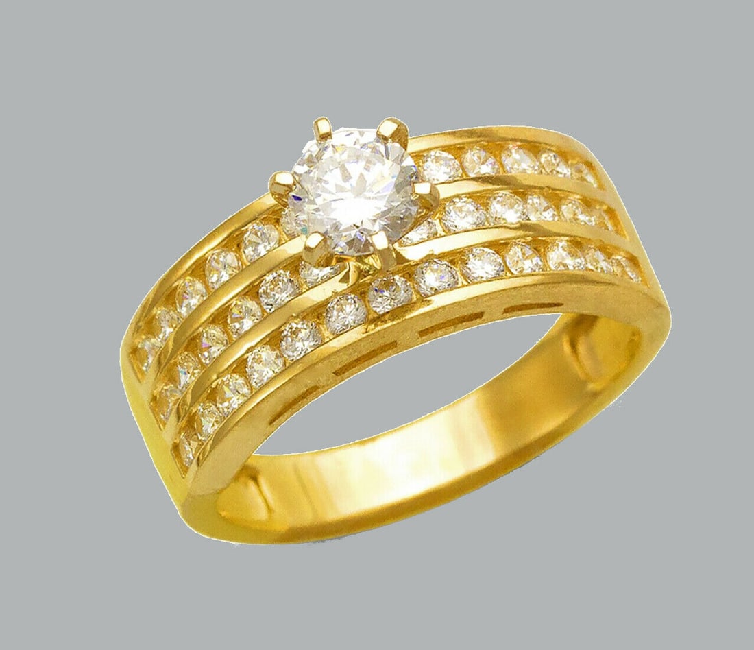 NEW 14K YELLOW GOLD LADIES FANCY ENGAGEMENT RING 3 ROW (1 of 1)