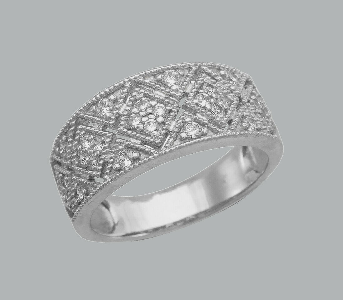 14K WHITE GOLD LADIES CZ RING BAND ROUND CUT FILIGREE (1 of 1)