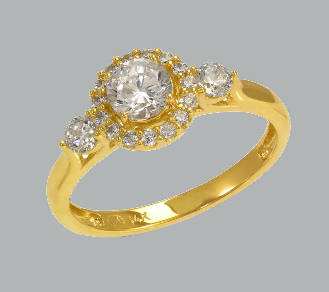 NEW 14K YELLOW GOLD LADIES FANCY ENGAGEMENT RING HALO: NEW 14K YELLOW GOLD CZ RING New 14K Yellow solid gold ring Ring size 7 Measures 8mm wide Cubic Zirconia Polished Finish Apx Weight: 2.6g