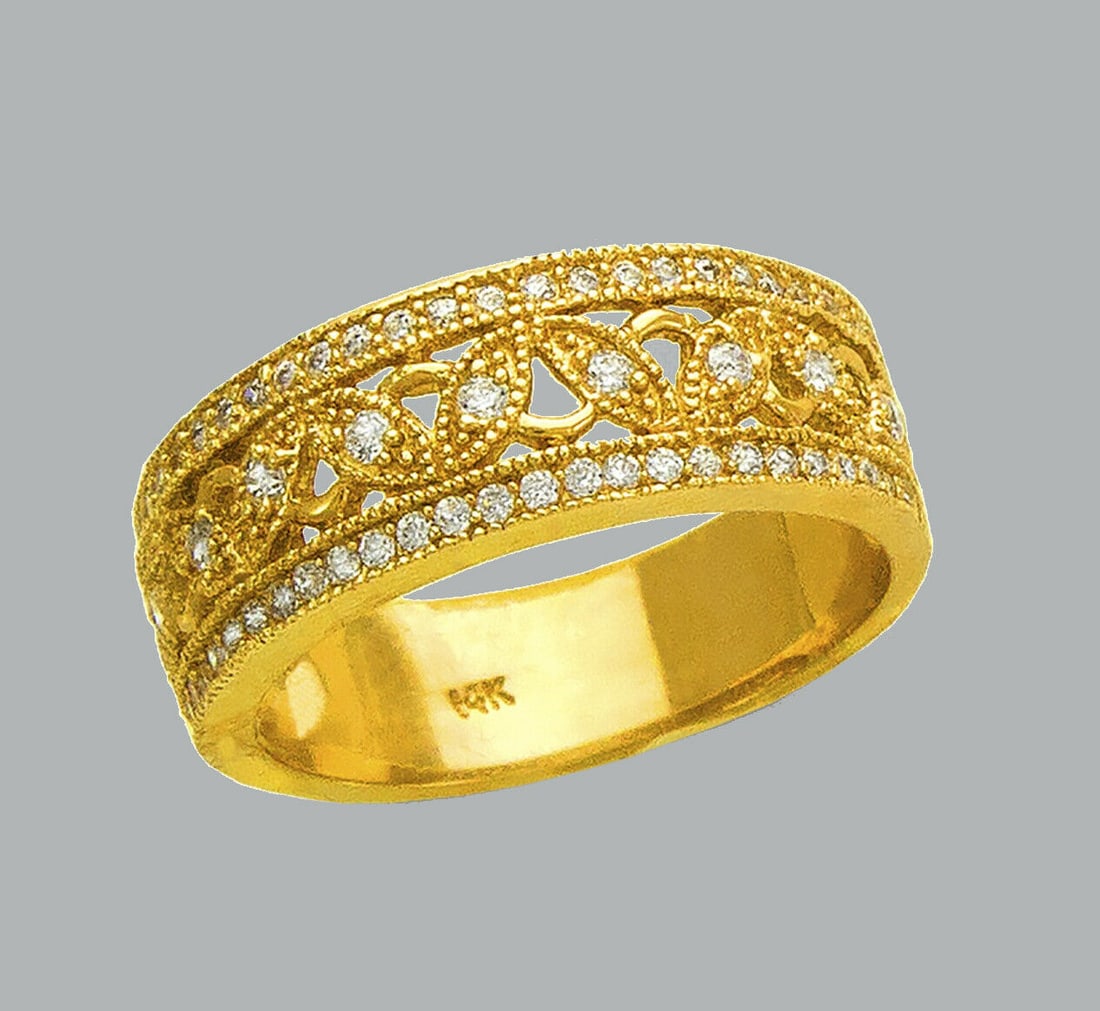 NEW 14K YELLOW GOLD LADIES FANCY CZ RING FILIGREE BAND (1 of 1)