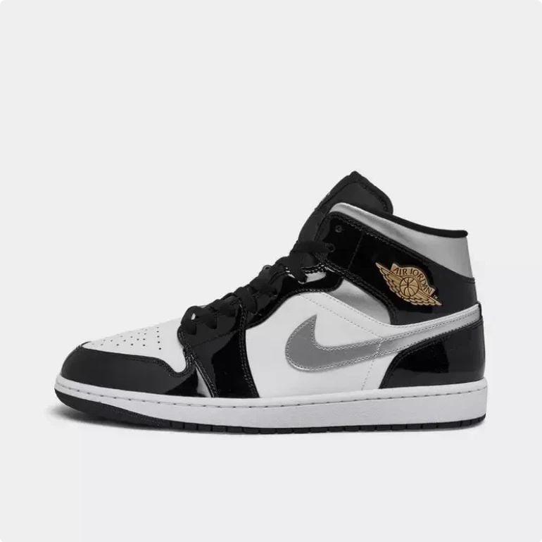 NIKE AIR JORDAN 1 MID SE BLACK METALLIC SILVER WHITE US SIZE 11: Premium materials on the upper for durable, luxe look on a legendary silhouette Encapsulated Air-Sole unit in the heel provides lightweight cushioning Stitched-down Swoosh logo and Wings logo stamped
