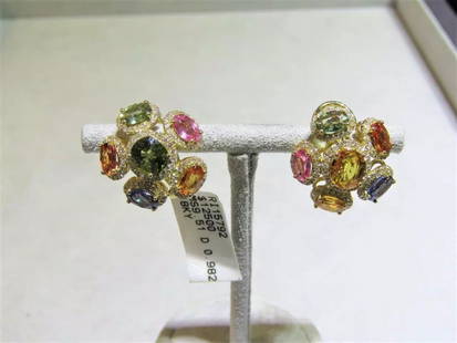 18KT GOLD MULTI SAPPHIRE RAINBOW FLOWER DIAMOND EARRINGS: 18KT GOLD MULTI SAPPHIRE RAINBOW FLOWER DIAMOND EARRINGS The Following Items we are offering is a Rare Important Radiant Pair of 18KT YELLOW GOLD MULTI RAINBOW SAPPHIRE AND DIAMOND FLOWER EARRINGS. Ea
