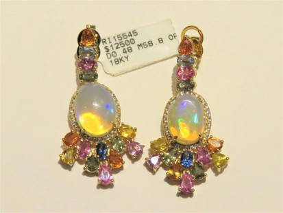 18KT GLITTERING RAINBOW SAPPHIRE OPAL DIAMOND EARRINGS: 18KT GLITTERING RAINBOW SAPPHIRE OPAL DIAMOND EARRINGS The Following Item we are offering is a Rare Important Radiant 18KT Gold Large Fancy Fiery White Opal Diamond Multi Sapphire Dangle Earrings.
