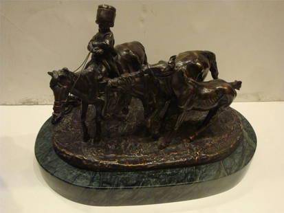 19TH C RUSSIAN BRONZE OF A BOY RIDING HORSES EVGENI LANCERAY: 19TH C RUSSIAN BRONZE OF A BOY RIDING HORSES EVGENI LANCERAY 19TH CENTURY ANTIQUE RUSSIAN BRONZE OF A BOY RIDING HORSES BY EVGENI LANCERAY A Beautiful and Rare Original 19th Century Russian Bronze