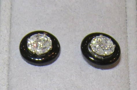 18KT GOLD BLACK ENAMEL DIAMOND STUD EARRINGS: 18KT GOLD BLACK ENAMEL DIAMOND STUD EARRINGS The Following Items we are offering is a Rare Important Radiant Pair of 18KT WHITE GOLD LARGE BLACK ENAMEL AND DIAMOND STUD EARRINGS. Earrings are