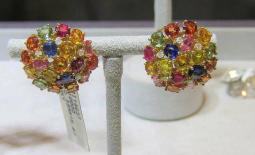 18KT GOLD MULTI SAPPHIRE RAINBOW CLUSTER DIAMOND EARRINGS: 18KT GOLD MULTI SAPPHIRE RAINBOW CLUSTER DIAMOND EARRINGS 18KT GOLD MULTI SAPPHIRE RAINBOW CLUSTER DIAMOND EARRINGS The Following Items we are offering is a Rare Important Radiant Pair of 18KT YELLOW