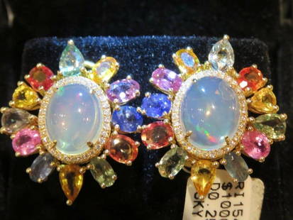 18KT GOLD LRG GORGEOUS RADIANT FIERY OPAL SAPPHIRE EARRINGS: 18KT GOLD LRG GORGEOUS RADIANT FIERY OPAL SAPPHIRE EARRINGS 18KT GOLD LRG GORGEOUS RADIANT FIERY OPAL SAPPHIRE EARRINGS The Following Items we are offering is a Rare Important Estate Radiant Pair of 1