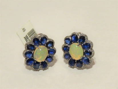 18KT GOLD LARGE FANCY OPAL BLUE SAPPHIRE DIAMOND EARRINGS: 18KT GOLD LARGE FANCY OPAL BLUE SAPPHIRE DIAMOND EARRINGS 18KT GOLD LARGE FANCY OPAL BLUE SAPPHIRE DIAMOND EARRINGS The Following Items we are offering is a Rare Important Radiant 18KT Gold Large Fanc