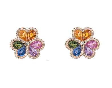 FANCY RAINBOW SAPPHIRE DIAMOND FLOWER EARRINGS: FANCY RAINBOW SAPPHIRE DIAMOND FLOWER EARRINGS The Following Item we are offering is this Rare Important Radiant 18KT Gold Gorgeous Glittering and Sparkling Magnificent Fancy Rainbow Sapphires and Dia