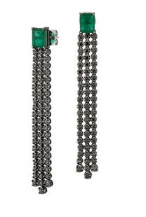 18KT GOLD GORGEOUS 5CT EMERALD & BLACK DIAMOND EARRINGS: 18KT GOLD GORGEOUS 5CT EMERALD & BLACK DIAMOND EARRINGS The Following Items we are offering is a Rare Important Radiant Pair of 18KT WHITE GOLD LARGE EMERALD AND BLACK DIAMOND DANGLE FRINGE