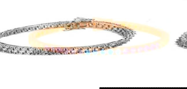18KT GOLD FANCY COLORFUL RAINBOW SAPPHIRE BRACELET: 18KT GOLD FANCY COLORFUL RAINBOW SAPPHIRE BRACELET The Following Item we are offering is a Rare Important Radiant 18KT Gold Large Rare Gorgeous Fancy Multi Rainbow Sapphire Bracelet. Bracelet is