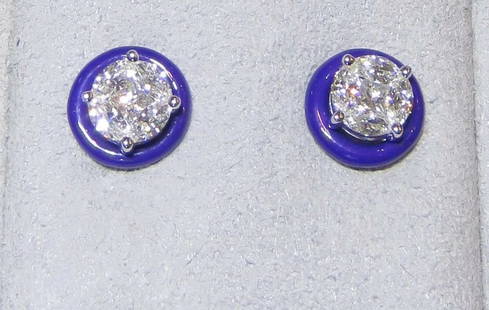 18KT GOLD BLUE ENAMEL DIAMOND STUD EARRINGS: 18KT GOLD BLUE ENAMEL DIAMOND STUD EARRINGS The Following Items we are offering is a Rare Important Radiant Pair of 18KT WHITE GOLD LARGE BLUE ENAMEL AND DIAMOND STUD EARRINGS. Earrings are