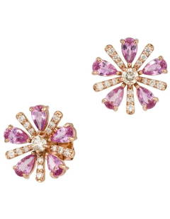GOLD FANCY PINK SAPPHIRE FLOWER DIAMOND EARRINGS: GOLD FANCY PINK SAPPHIRE FLOWER DIAMOND EARRINGS The Following Items we are offering is this Rare Important Radiant 18KT Gold Gorgeous Glittering and Sparkling Magnificent Fancy Pink Sapphire Diamond
