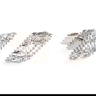 18KT GOLD LARGE DIAMOND STUD EARRINGS: 18KT GOLD LARGE DIAMOND STUD EARRINGS The Following Item we are offering are these Beautiful Important Rare 18KT White Gold Brilliant Large Emerald Baguette Cut Cluster Diamond Stud Earrings. Each Ear