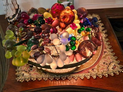 LOVELY LARGE HEAVY PRIVATE ESTATE CZECHOLOVAKIAN GLASS BRONZE FRUIT LAMP: LOVELY LARGE HEAVY PRIVATE ESTATE CZECHOLOVAKIAN GLASS BRONZE FRUIT LAMP A Magnificent Rare Important Antique Bohemian Czechoslovakian beaded glass fruit lamp, circa 1920s. Ornate Oval Shaped casket f