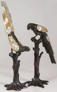 GORGEOUS PAIR OF ESTATE BRONZE LIFE SIZE PARROT BIRDS: GORGEOUS PAIR OF ESTATE BRONZE LIFE SIZE PARROT BIRDS The Following Items we are offering are a Rare Pair of large and Impressive Cast Bronze and Patinated Parrots resting on Tree Stumps, their wing a