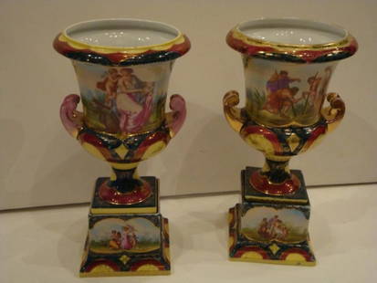 ANTIQUE 19TH C PAIR OF HANDPAINTED ROYAL VIENNA URN VASES!: ANTIQUE 19TH C PAIR OF HANDPAINTED ROYAL VIENNA URN VASES! ANTIQUE 19TH C PAIR OF HANDPAINTED ROYAL VIENNA URN VASES! RARE ANTIQUE PR OF HANDPAINTED ROYAL VIENNA URN VASES! Search The Following Item w