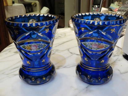  IMPORTANT 19TH C HANDPAINTED COBALT BLUE BOHEMIAN MOSER GOLD LEAF VASES: IMPORTANT 19TH C HANDPAINTED COBALT BLUE BOHEMIAN MOSER GOLD LEAF VASES A Rare Pair of HEAVY BOHEMIAN MOSER COBALT BLUE GLASS VASES. Vases are Beautifully done with Fine Outstanding Scrolled Gold Leaf