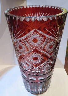 HEAVY EARLY 1900S FRENCH RUBY DIAMOND CUT ETCHED CRYSTAL VASE: HEAVY EARLY 1900S FRENCH RUBY DIAMOND CUT ETCHED CRYSTAL VASE The Following Item we are offering is a Rare Antique Early 1900s Lovely HEAVY HANDCUT Cranberry Hand Cut Large Bohemian Crystal Vase.
