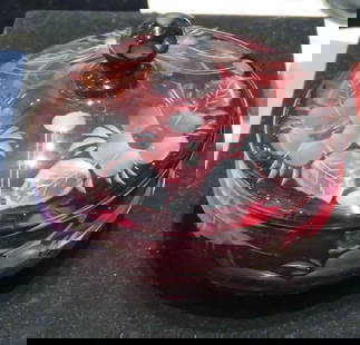 LARGE FRENCH BOHEMIAN CRANBERRY GLASS CENTERPIECE LIDDED BOWL: LARGE FRENCH BOHEMIAN CRANBERRY GLASS CENTERPIECE LIDDED BOWL LARGE FRENCH BOHEMIAN CRANBERRY GLASS CENTERPIECE LIDDED BOWL The following Item we are offering is this Magnificent Large 1920's Bohemian