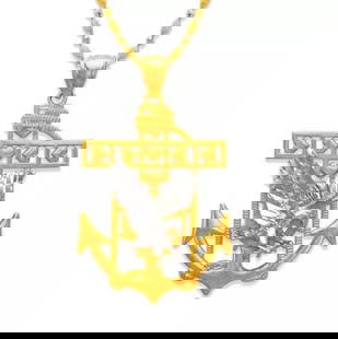 NEW 14K TWO-TONE GOLD EAGLE ANCHOR PENDANT: NEW 14K TWO-TONE GOLD EAGLE ANCHOR PENDANT 14K Two Tone Gold Approx. 26x34mm High Polished Chains Sold Separately Weight: 5.2 Grams
