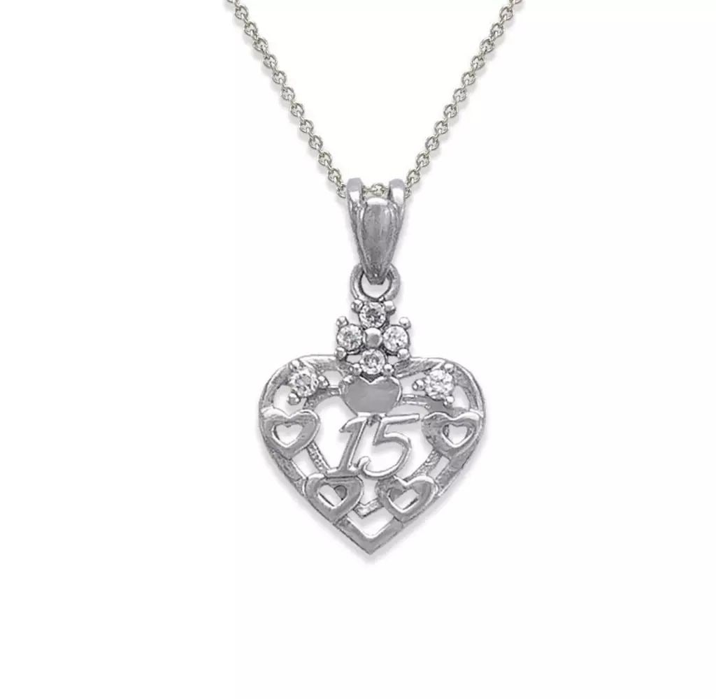 NEW 14K WHITE GOLD 15 ANOS HEART CZ PENDANT: NEW 14K WHITE GOLD 15 ANOS HEART CZ PENDANT 14K White Gold Approx. 13x15mm High Polished/Cubic Zirconia Chains Sold Separately Weight: 1.4 Grams