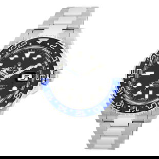 ROLEX STAINLESS STEEL 40MM GMT MASTER II BATMAN CERAMIC 40MM 116710BLNR 2017: ROLEX STAINLESS STEEL 40MM GMT MASTER II BATMAN CERAMIC 40MM 116710BLNR 2017 ROLEX Stainless Steel 40mm GMT Master II 116710BLNR Batman Box Warranty MINTY Pre-Owned Gent's Stainless Steel 40mm Rolex