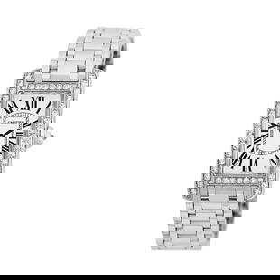CARTIER 18K WHITE GOLD TANK AMERICAN FACTORY DIAMONDS AMERICAINE BOX WARRANTY: CARTIER 18K WHITE GOLD TANK AMERICAN FACTORY DIAMONDS AMERICAINE BOX WARRANTY CARTIER 18K White Gold Tank American Factory Diamonds Americaine Box Warranty Lady's 18K White Gold Cartier "Diamond