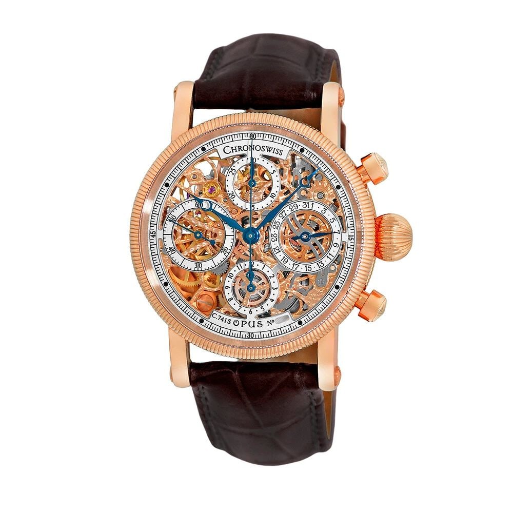 CHRONOSWISS 18K ROSE GOLD "OPUS" SKELETON CHRONOGRAPH CH 7521 BOX WARRANTY: CHRONOSWISS 18K ROSE GOLD "OPUS" SKELETON CHRONOGRAPH CH 7521 BOX WARRANTY CHRONOSWISS 18K Rose Gold "Opus" Skeleton Chronograph CH 7521 Box Warranty Gent's 18K Rose Gold 38mm Chronoswiss Skeleton "Op