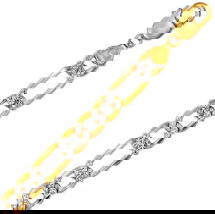 NEW 14K TWO TONE GOLD HOLLOW FIGARO WHITE PAVE BRACELET 9mm: NEW 14K TWO TONE GOLD HOLLOW FIGARO WHITE PAVE BRACELET 9mm 14K Two Tone Gold Approx. 210 Gauge (9mm Wide) High Polished Lobster Lock Length : 8" Inch Weight: 13.3 Grams