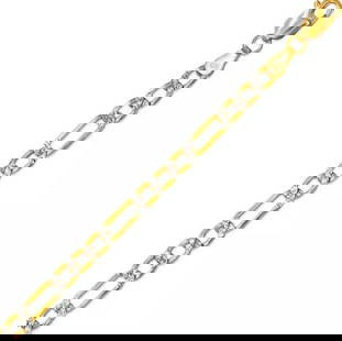 NEW 14K TWO TONE GOLD HOLLOW FIGARO WHITE PAVE BRACELET 4mm: NEW 14K TWO TONE GOLD HOLLOW FIGARO WHITE PAVE BRACELET 4mm 14K Two Tone Gold Approx. 100 Gauge (4mm Wide) High Polished Lobster Lock Available in Yellow Gold Length : 7" Inch Weight: 2.9 Grams