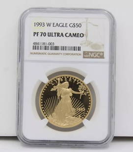 1993-W 1 OZ PROOF $50 AMERICAN GOLD EAGLE PF-70 ULTRA CAMEO NGC: 1993-W 1 OZ PROOF $50 AMERICAN GOLD EAGLE PF-70 ULTRA CAMEO NGC 1993-W 1 OZ PROOF $50 AMERICAN GOLD EAGLE PF-70 ULTRA CAMEO NGC Description 1993-W 1 oz Proof $50 American Gold Eagle PF-70 ULTRA CAMEO