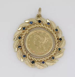 1881 $5 FIVE DOLLAR LIBERTY HEAD GOLD HALF EAGLE 14K GOLD SAPPHIRE PENDENT 21.6G: 1881 $5 FIVE DOLLAR LIBERTY HEAD GOLD HALF EAGLE 14K GOLD SAPPHIRE PENDENT 21.6G 1881 $5 FIVE DOLLAR LIBERTY HEAD GOLD HALF EAGLE 14K GOLD SAPPHIRE PENDENT 21.6G Description 1881 $5 Five Dollar Libert