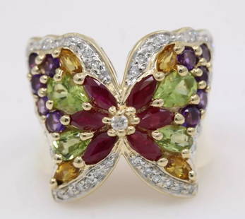 14K YELLOW GOLD MULTI-GEMSTONE & DIAMOND BUTTERFLY RING SIZE 6.5 - 12 GRAMS: 14K YELLOW GOLD MULTI-GEMSTONE & DIAMOND BUTTERFLY RING SIZE 6.5 - 12 GRAMS 14K YELLOW GOLD MULTI-GEMSTONE & DIAMOND BUTTERFLY RING SIZE 6.5 - 12 GRAMS Description 14K Yellow Gold Multi-Gemstone & Dia