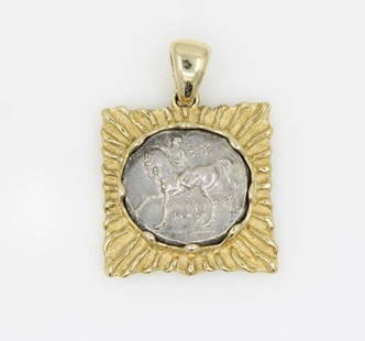 ANCIENT GREEK CIRCA 350 BC SILVER DIDRACHM OF TARANTUM (ITALY) IN 14K PENDANT: ANCIENT GREEK CIRCA 350 BC SILVER DIDRACHM OF TARANTUM (ITALY) IN 14K PENDANT ANCIENT GREEK CIRCA 350 BC SILVER DIDRACHM OF TARANTUM (ITALY) IN 14K PENDANT Description Ancient Greek Circa 350 BC Silve