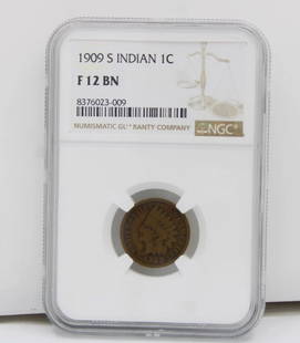 1909 S INDIAN HEAD CENT 1 C NGC F 12 BN COIN: 1909 S INDIAN HEAD CENT 1 C NGC F 12 BN COIN 1909 S INDIAN HEAD CENT 1 C NGC F 12 BN COIN Description 1909 S Indian Head Cent 1 C NGC F 12 BN Coin Coin has been graded F 12 BN by NGC. The protective p