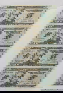 UNCUT SHEET OF FOUR (4) $20 TWENTY DOLLAR BILLS - 2004 A STAR NOTE UNCIRCULATED: UNCUT SHEET OF FOUR (4) $20 TWENTY DOLLAR BILLS - 2004 A STAR NOTE UNCIRCULATED Description Uncut Sheet of Four (4) $20 Twenty Dollar Bills - 2004 A Star Note Uncirculated Uncut Sheet is in Uncirculat