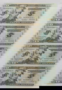 UNCUT SHEET OF FOUR (4) $20 TWENTY DOLLAR BILLS - 2004 A STAR NOTE UNCIRCULATED: UNCUT SHEET OF FOUR (4) $20 TWENTY DOLLAR BILLS - 2004 A STAR NOTE UNCIRCULATED Description Uncut Sheet of Four (4) $20 Twenty Dollar Bills - 2004 A Star Note Uncirculated Uncut Sheet is in uncirculat