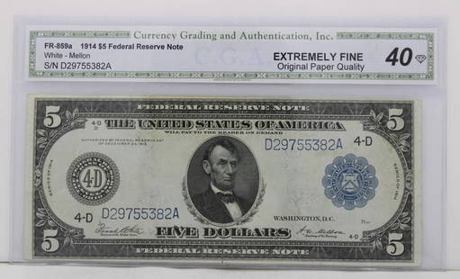 $5 FR-859A 1914 FEDERAL RESERVE NOTE CGAI 40 EXTREMELY FINE OPQ  S/N D29755382A: $5 FR-859A 1914 FEDERAL RESERVE NOTE CGAI 40 EXTREMELY FINE OPQ S/N D29755382A $5 FR-859A 1914 FEDERAL RESERVE NOTE CGAI 40 EXTREMELY FINE OPQ S/N D29755382A Description $5 1914 Federal Reserve Note F