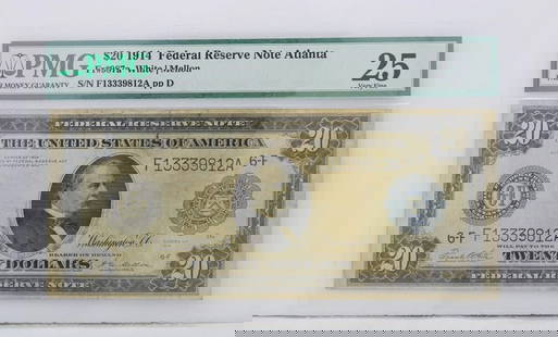 $20 1914 FEDERAL RESERVE NOTE ATLANTA PMG 25 VERY FINE S/N F13339812A PP D: $20 1914 FEDERAL RESERVE NOTE ATLANTA PMG 25 VERY FINE S/N F13339812A PP D $20 1914 FEDERAL RESERVE NOTE ATLANTA PMG 25 VERY FINE S/N F13339812A PP D Description $20 1914 Federal Reserve Note Atlanta