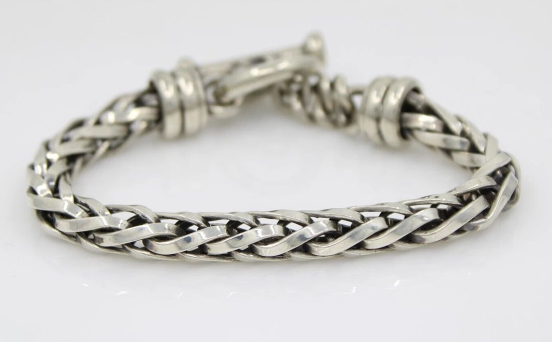 STERLING SILVER MEXICO 8.5MM WHEAT CHAIN 7.5" TOGGLE BRACELET 63.6 GRAMS (1 of 2)
