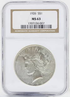 1926 PEACE SILVER DOLLAR MS-63 NGC OLDER HOLDER: 1926 PEACE SILVER DOLLAR MS-63 NGC OLDER HOLDER 1926 PEACE SILVER DOLLAR MS-63 NGC OLDER HOLDER Description 1926 Peace Silver Dollar MS-63 NGC Older Holder Coins has been graded as a MS-63 by NGC. The